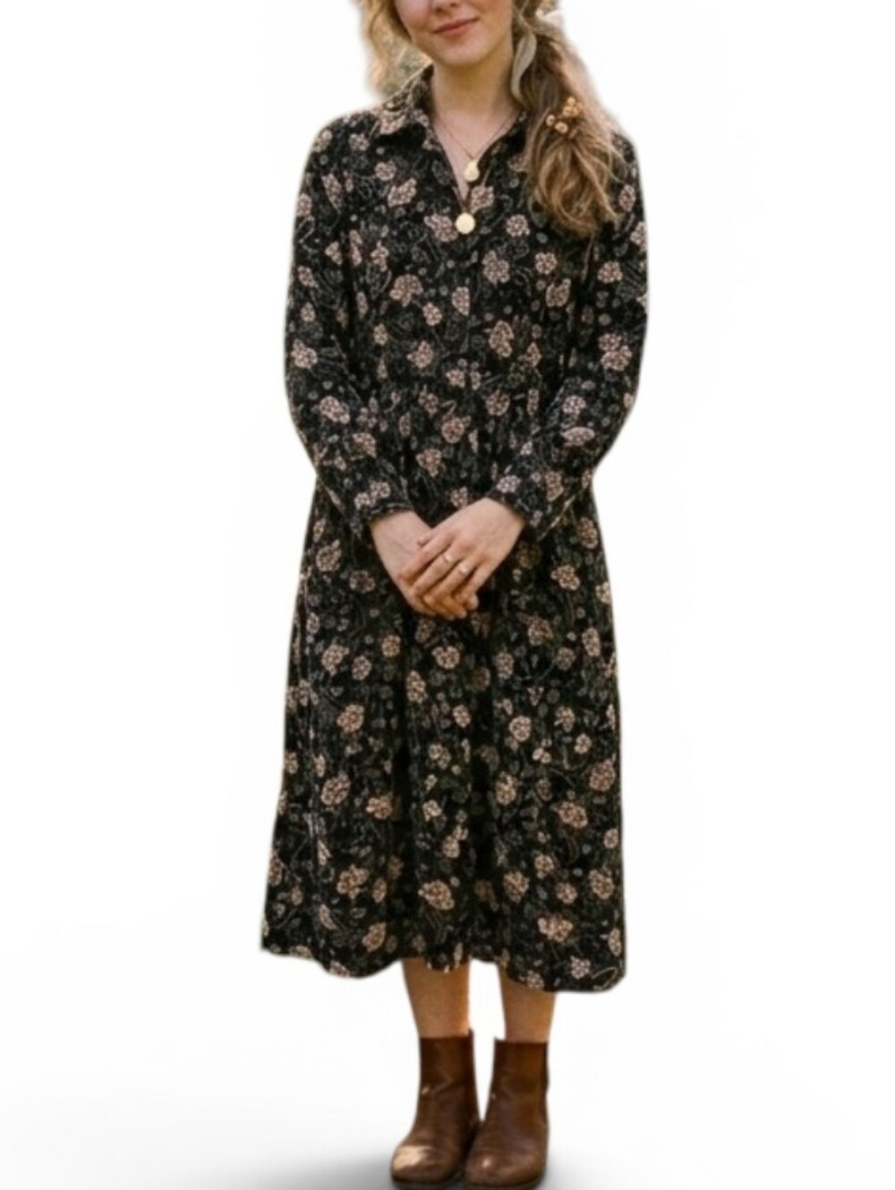 VTG Floral Paisley Corduroy Button Down Maxi Dress Cottagecore Whimsigoth
